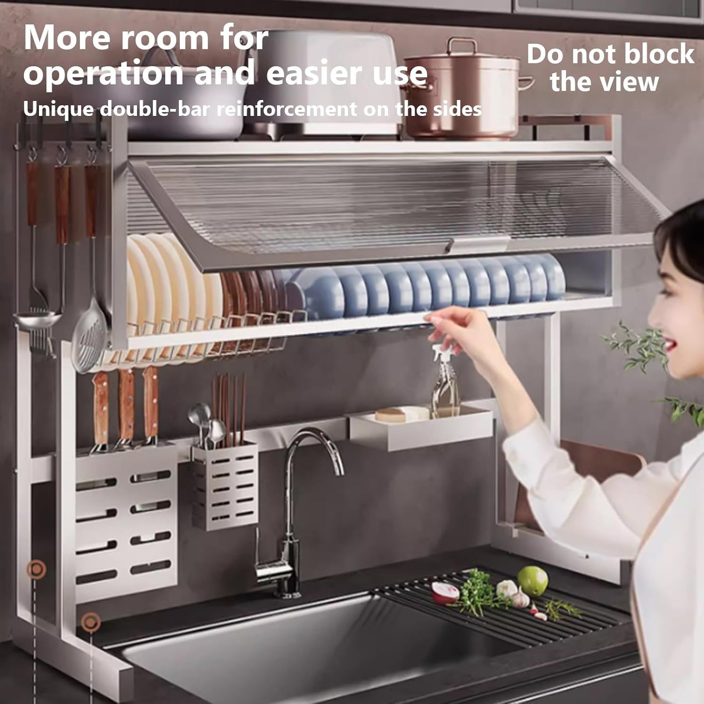 Home Furnishing Dish Rack Over Sink Stainless Steel Over The Sink Dish Drainer Drying Rack Space Kitchen Sink Rack Multifunctional countertop Dish Storage Rack Sink(Metallic,65cm/25.6in)