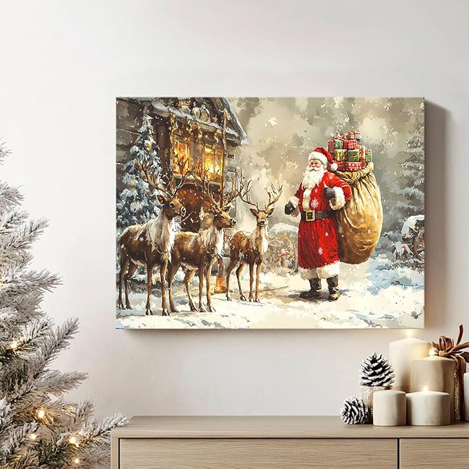 Christmas Wall Art Santa Claus Wall Decor Vintage Farmhouse Deer Pictures Christmas Reindeer Canvas Poster Winter Snow Landscape Painting Artwork for Living Room Bedroom Home Decorations 12x16"