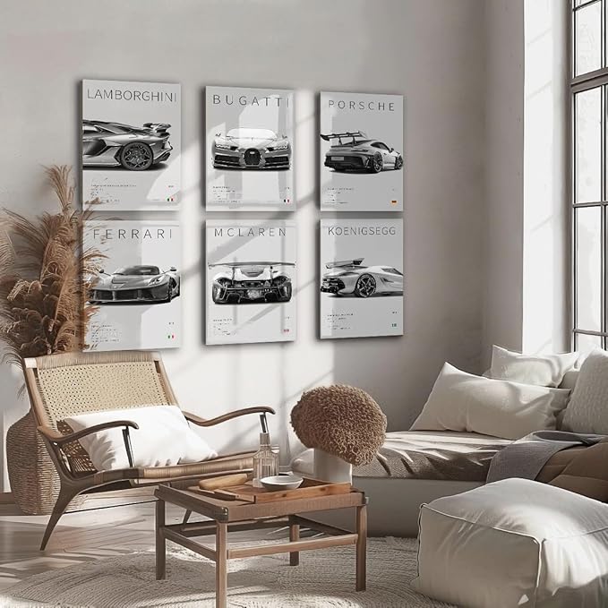 CSLGQGV Car Poster Vintage Racing Car Wall Art Supercar Canvas Prints Painting For Men Room Pictures Guys Dorm Room Aesthetics Decor Bedroom Office (black and white car frame, 12x16in)