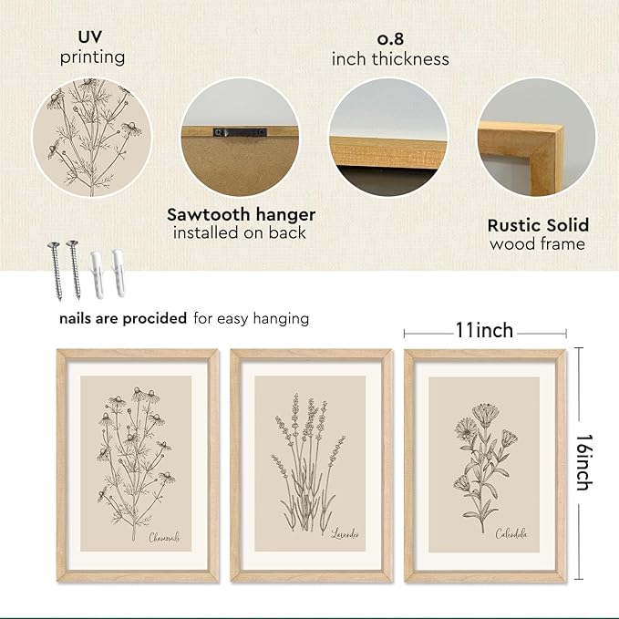 YWJKWLGS Framed Vintage Botanical Wall Art Set of 3, Natural Wood Frame Wildflower Prints, Minimalist Rustic Farmhouse Decor, 11x16 inch Art for Living Room Bedroom Office