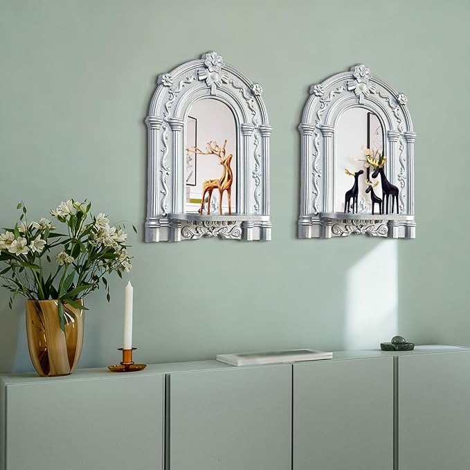 Three-Dimensional Relief Candle Sconces Set 2 Rustic Wall Mount Candle Holders Wood Hanging Wall Decor Mirrored Wall Art Hand Carved Home Decoration