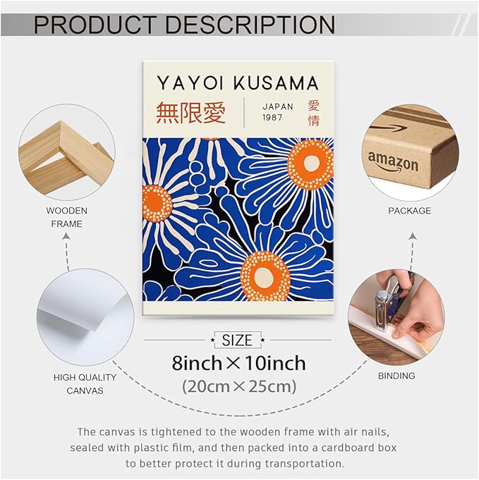 Yayoi Kusama Print Vintage Japanese Wall Art Abstract Yayoi Kusama Poster Minimalist Painting Art Exhibition Suitable for Japanese Bedroom,Living Room Office Decor 8x10in Framed