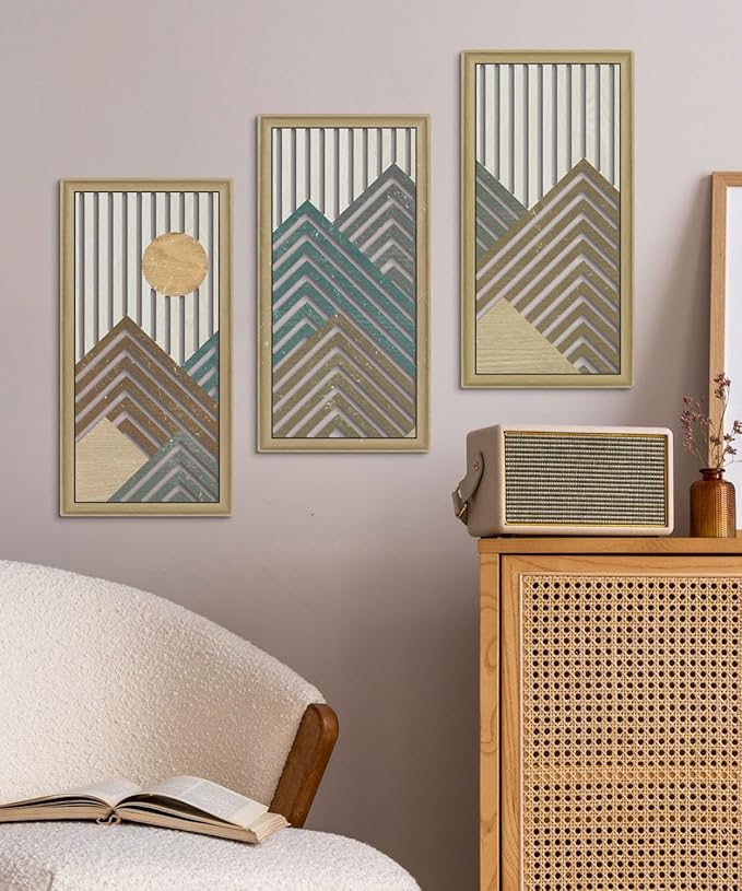 Putuo Decor Mountain Line Wall Art Set of 3, Modern Abstract Nature-Inspired Cut-Out Panels, MDF Wall Decor with Chevron Stripes and Sun Design for Living Room Bedroom Office