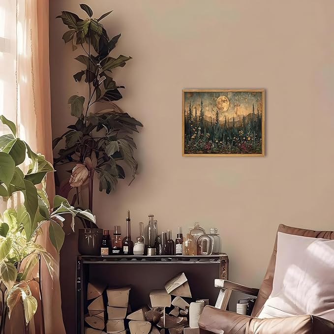 KBKBART Framed Canvas Wall Art Vintage Decor, Forest Moon Painting Prints, Nature Pine Tree Woodland Wall Decor, Dark Cottagecore Landscape Artwork for Living Room Bedroom 12x16 inch