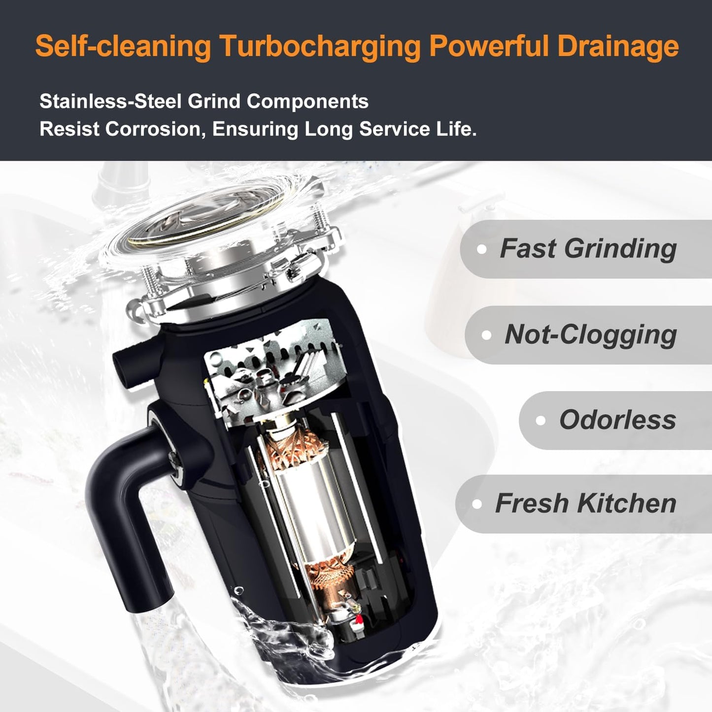 A400 Garbage Disposal 1/2 HP for Kitchen Sink, Small Fit Food Waste Disposer Fast Continuous Feed Stainless Steel Grinding, Quietness, Ease of Installation, Corded, Powerful Drainage Half Horsepower