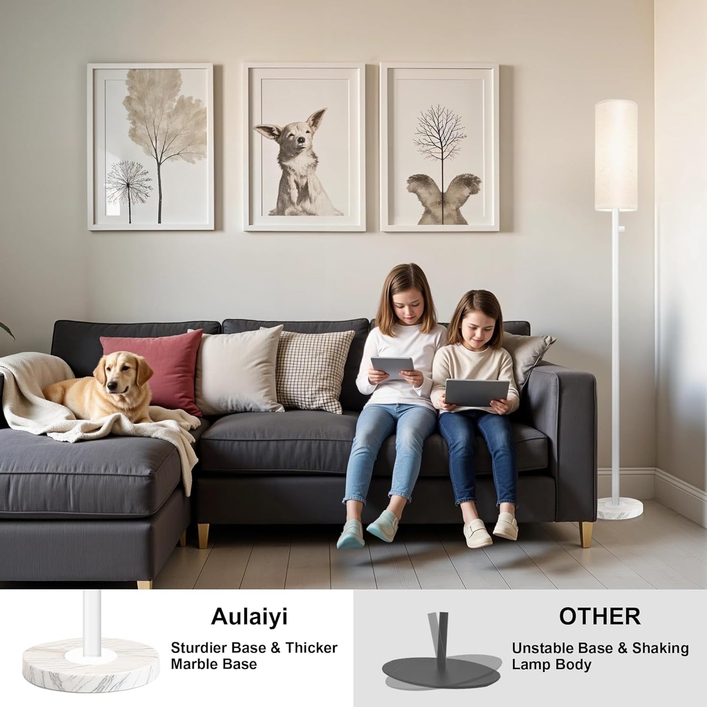 Floor Lamp for Living Room,Dimmable Floor Lamp with LED Bulb,Modern Standing Lamp with Marble Base,Tall Standing Lamps for Living Room,Bedroom,Office,Reading and Nursery(White)