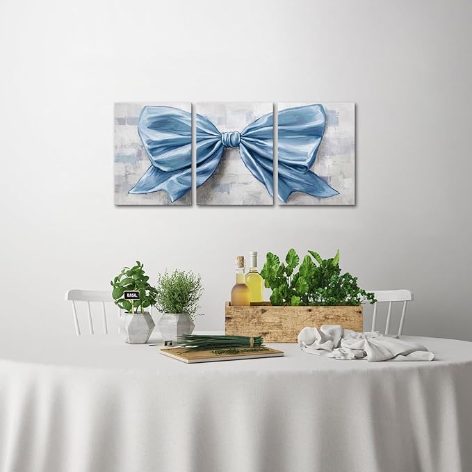 HOMEOART Bow Painting Canvas Print Bow Picture Bathroom Decor Bedroom Wall Decor 12x16inchx3Pieces Framed (Light Blue)