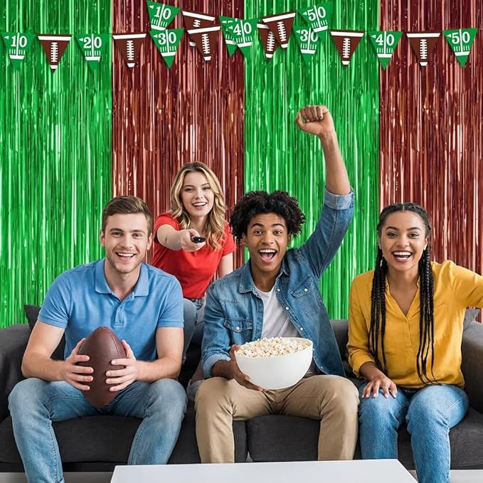 2 Pack Football Party Decorations, 3.28 FT x 6.58FT Tinsel Backdrop, Green Brown Foil Fringe Curtains Metallic Party Streamer, Football Party Supplies Game Day Decorations 2026 Birthday Party Supplies