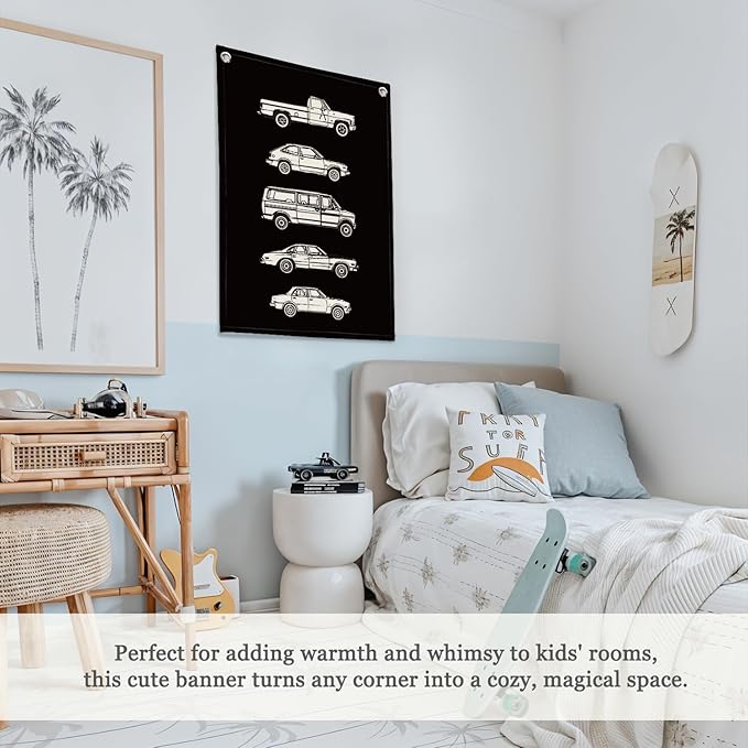 Toddler Room Decor,Vintage Car Linen Canvas Banner,Little Boy Room Wall Hanging Flag Banner for Little Boy Bedroom,Playroom Nursery 18x25 Inch(Black)