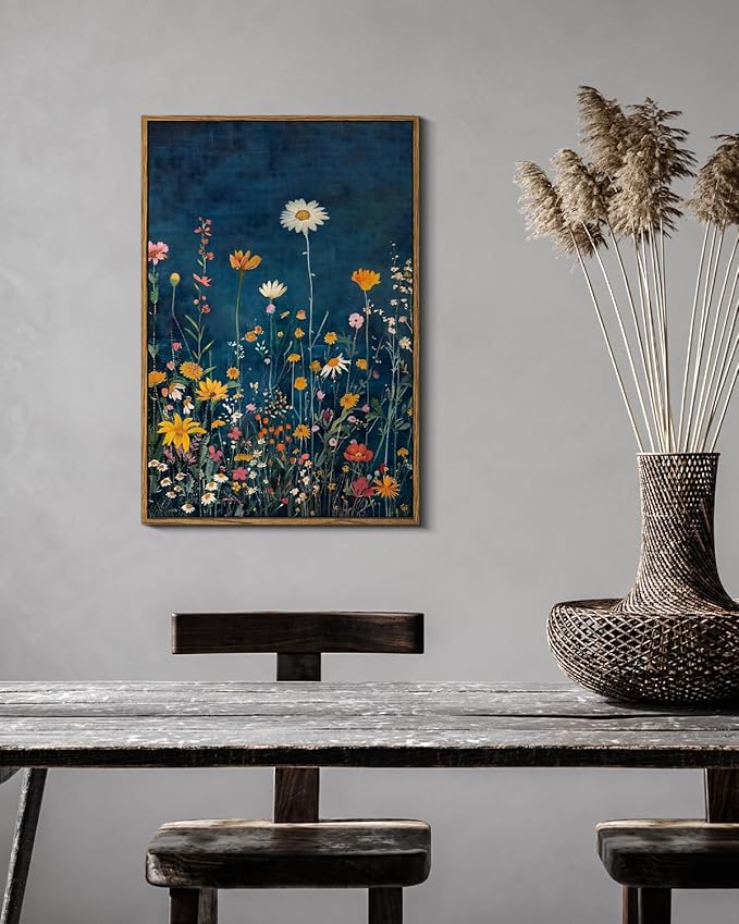 WHASAYART Botanical Floral Canvas Print 16x24 Framed Wildflower Wall Art, Rustic Dark Blue Colorful Flower Artwork, Vibrant Vintage Painting Living Room Kitchen Bedroom Hallway Home Decor