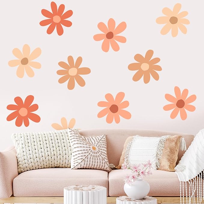 TaoBary 12 Sheet Daisy Wall Sticker Decal Removable Cute Daisy Bedroom Room Decor Flower Wall Sticker Pink White Flower Decal Wallpaper Peel and Stick for Nursery Home(Orange,Colorful Classic Style)