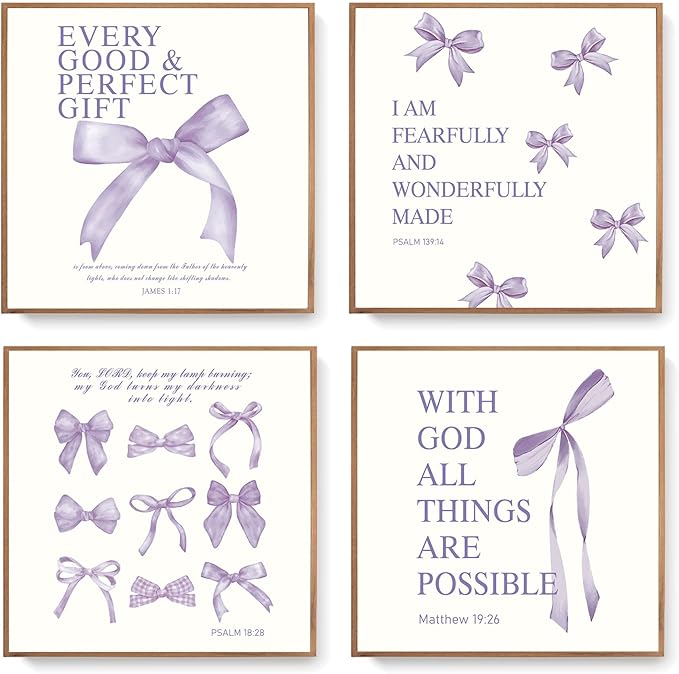 LARTSFRO Coquette Purple Bow Wall Art Decor Posters, Purple Bow Room Bedroom Bathroom Dorm Wall Art Decor Aesthetic for Teen Girls Gifts, Inspirational Bible Verses Bow Wall Decor, 10x10 Inch Set of 4 Pcs Bow Pictures (UNFRAMED)