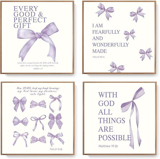 LARTSFRO Coquette Purple Bow Wall Art Decor Posters, Purple Bow Room Bedroom Bathroom Dorm Wall Art Decor Aesthetic for Teen Girls Gifts, Inspirational Bible Verses Bow Wall Decor, 10x10 Inch Set of 4 Pcs Bow Pictures (UNFRAMED)
