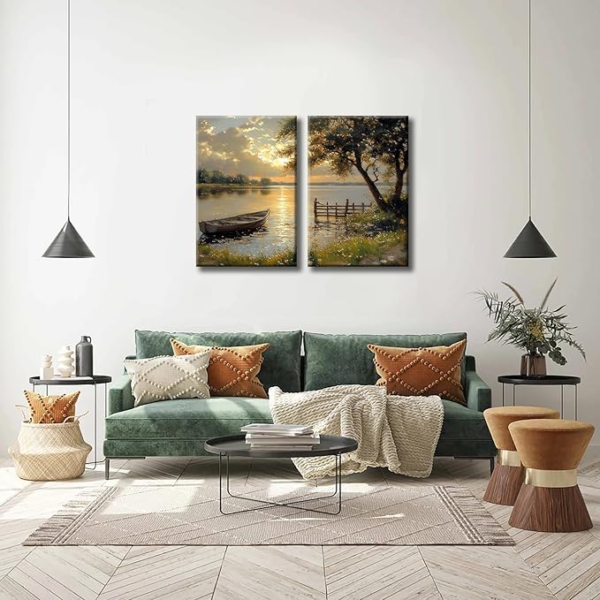 2Pcs Framed Fall Landscape Canvas Wall Art, Lake Boat Forest Art Prints, Autumn Scenery Nature Decor Pictures, Rustic Gold Paintings Wall Decor Living Room, Bedroom, Office 16x24in
