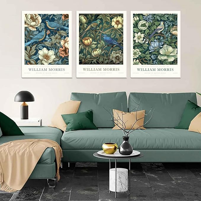 Djmwtb William Morris Canvas Wall Art Vintage Poster Prints Framed Set of 3 Botanical Bird Aesthetic Pictures Gallery Artwork Painting Wall Decor for Living Room Bedroom Office 16x24in
