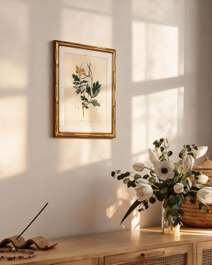 InSimSea Gold Bamboo Framed Canvas Wall Art, Kitchen Herbs Botanical Paintings, Antique Vintage Plant Picture Frame with Mat, Victorian Home Wall Decor for Living Room Bedroom, 11x14inch