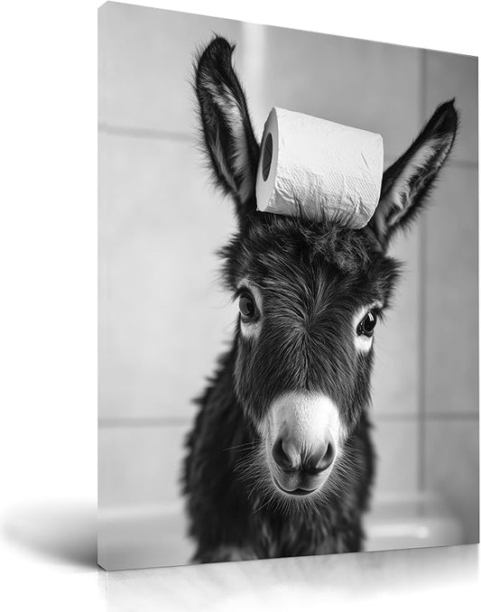 KensTro Funny Bathroom Wall Art Decor,12" x 16" Framed Canvas Bathroom Wall Art Picture,Black and White Donkey Toilet Paper Wall Art Animal Abstract Prints,Wall Decor for Bedroom Kid's Room,1Pack Gift