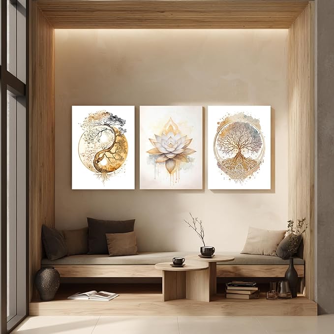 GELDSTEI Tree of Life Wall Art, Calming Zen Wall Decor, Abstract Yin Yang Tree Canvas Painting, Modern Gold Lotus Flower Meditation Poster Print for Living Room Yoga Room Bedroom Framed Set of 3, Each 12x16 Inch
