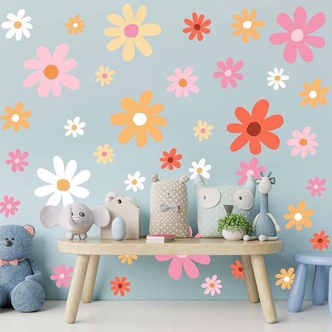 TaoBary 12 Sheet Daisy Wall Sticker Decal Removable Cute Daisy Bedroom Room Decor Flower Wall Sticker Pink White Flower Decal Wallpaper Peel and Stick for Nursery Home(Orange,Lovely Style)