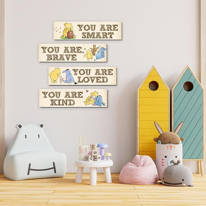 BirtDerr Winnie Room Decor- the Pooh Sign-Wooden Baby Stuff-Vintage Nursery Decor-4PCS Wall Decor Wall Art(Classic)-You Are Kind Brave