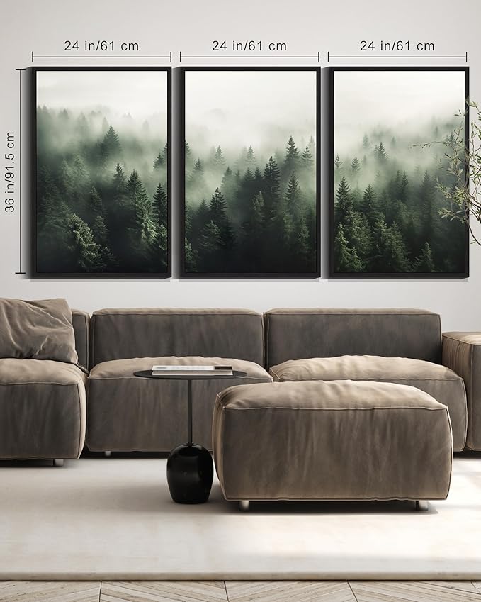 SHENIFY Green Fog Pine Tree Forest Canvas Wall Art Large 24x36in Framed Modern Artwork Prints Decor - Black Framed