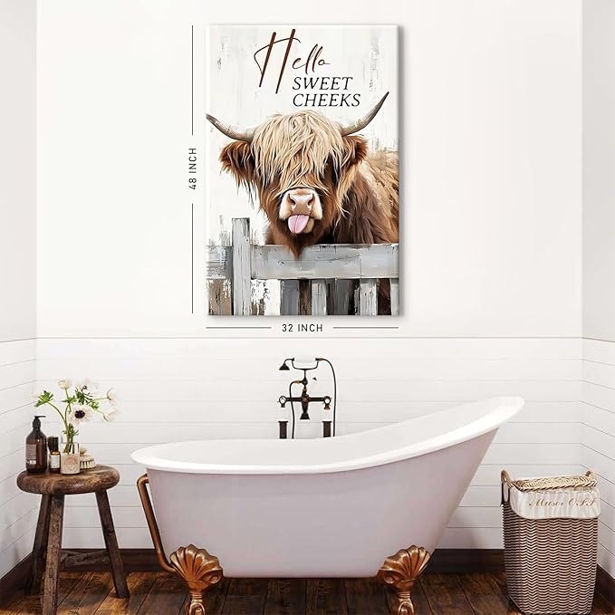 Large Funny Highland Cow Canvas Wall Art for Living Room Kitchen, Hello Sweet Cheeks Bathroom Decor Western Picture Prints Painting Rustic Farmhouse Prints Framed Artwork Home Decorations 32x48"