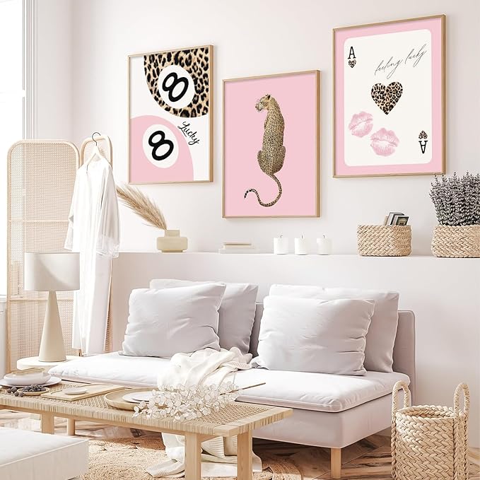 Cheetah Trendy Wall Art Preppy Leopard Canvas Print Cheetah Room Wall Decor 8 Ball Poster Y2k Pink Coquette Luxury Print Lucky Aesthetic Fashion Pictures for Bedroom 12x16x3 Inch Unframed