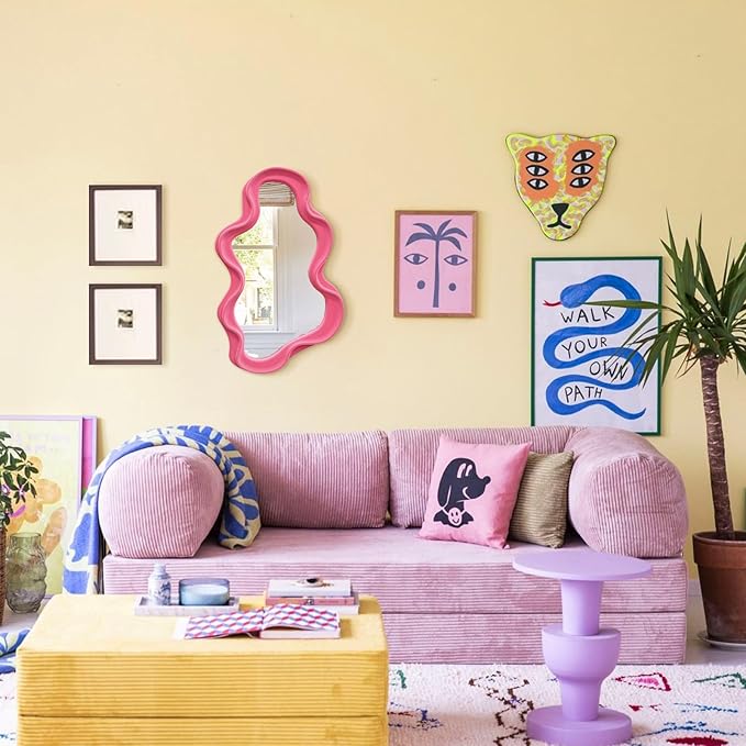 Wavy Mirror Wall Decor for Living Room, Asymmetrical Wall Mounted Mirror for Girly Bedroom Decoration, Velvet Touch Decorative Tray Home Accent for Dining Room Kitchen (Pink)