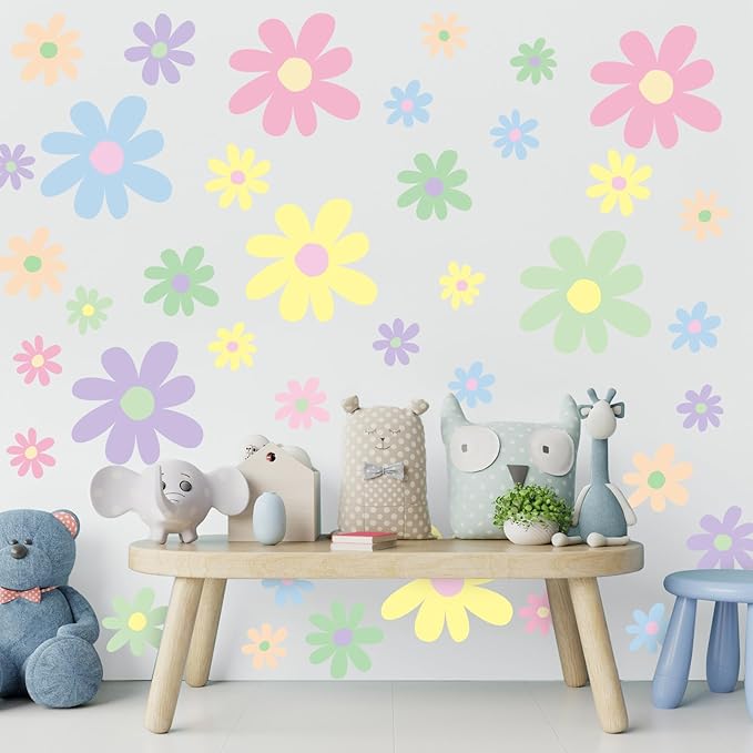 TaoBary 12 Sheet Daisy Wall Sticker Decal Removable Cute Daisy Bedroom Room Decor Flower Wall Sticker Pink White Flower Decal Wallpaper Peel and Stick for Nursery Home(Fresh Color,Attractive Style)
