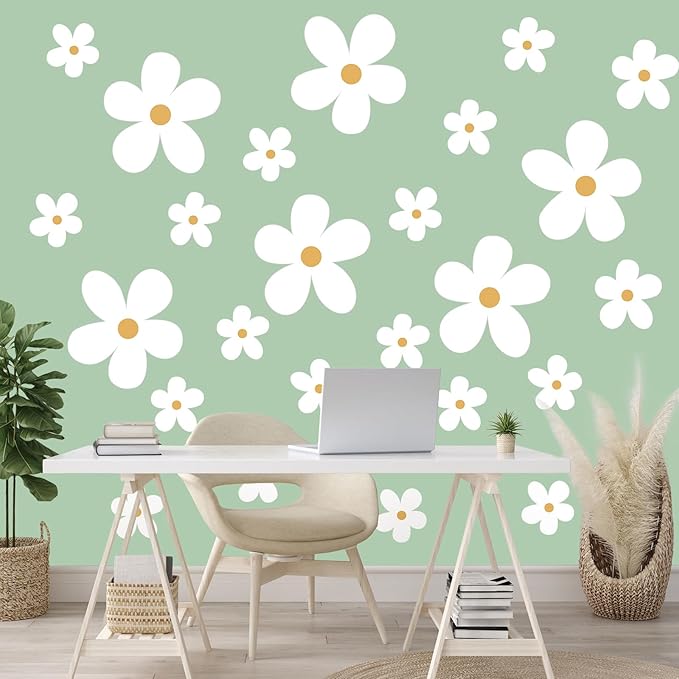 TaoBary 12 Sheet Daisy Wall Sticker Decal Removable Cute Daisy Bedroom Room Decor Flower Wall Sticker Pink White Flower Decal Wallpaper Peel and Stick for Nursery Home(White, Yellow,Stylish Style)