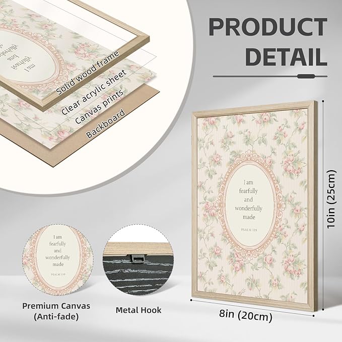 Christian Nursery Wall Art Bible Verse Canvas Wall Decor Girl Floral Wall Art Aesthetic Scripture Picture Jesus Religious Poster Pink Flower Prints Vintage Artwork for Bedroom 8x10x6 Inch Wood Framed