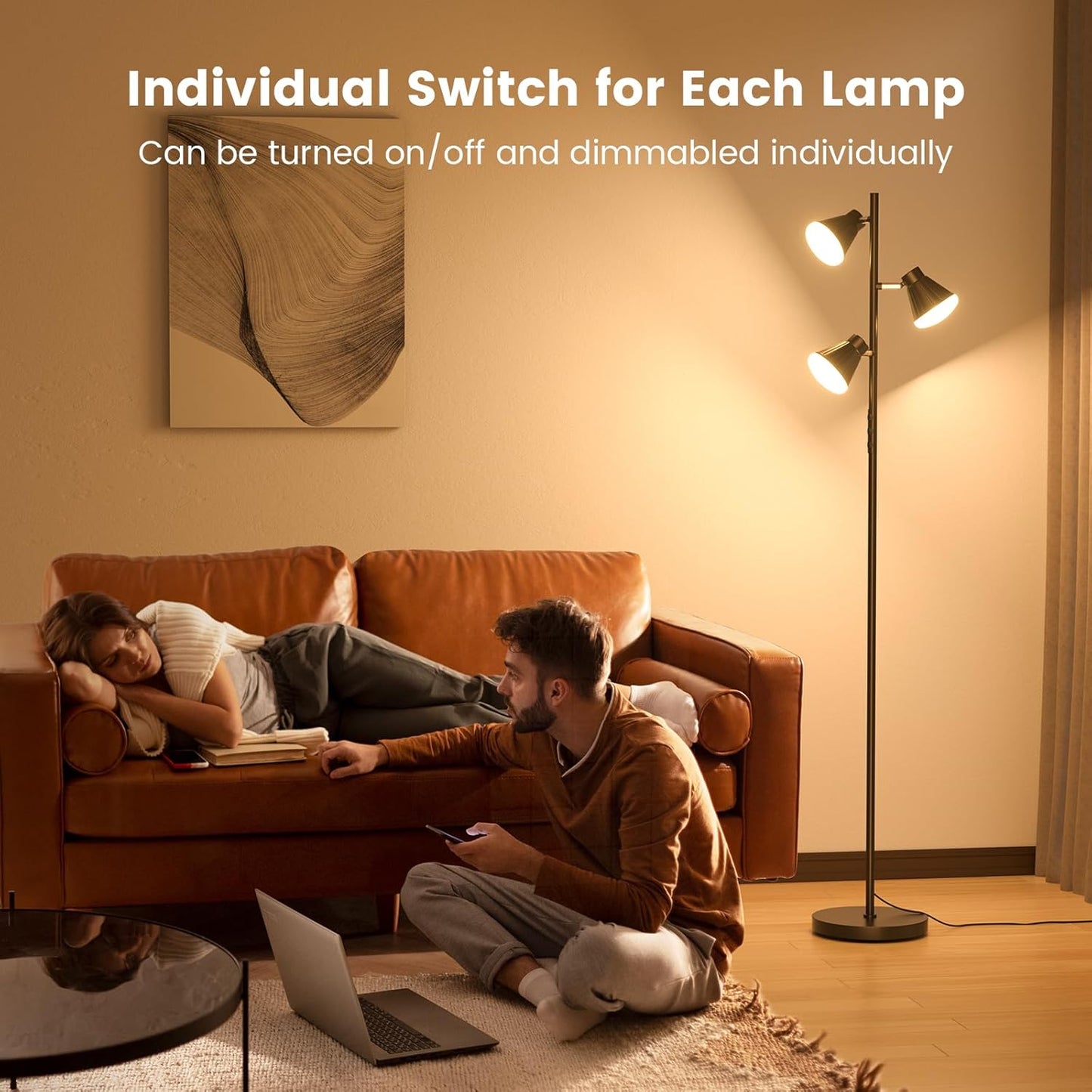 36W LED Tree Floor Lamp, Dimmable Tall Standing Lamp with Remote & Touch Control, 4 Color Temperatures Bright Floor Lamp, 3 Rotatable Light Modern Floor Lamps for Living Room Bedroom Office