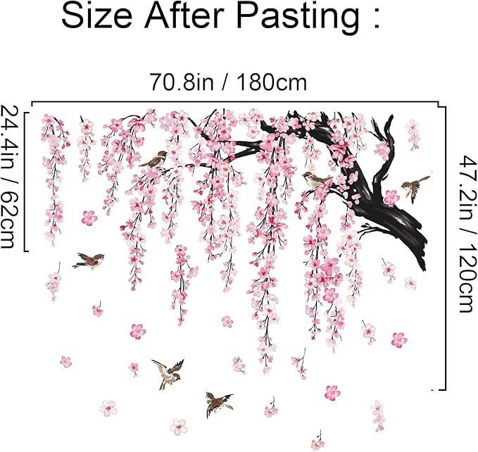 Large Pink Flower Wall Stickers, 47"x71" Removable DIY Romantic Cherry Blossom Tree Wall Murals Peel and Stick 3D Wall Art Stickers Home Decor for Gilrs Bedroom Nursery Rooms Living Room