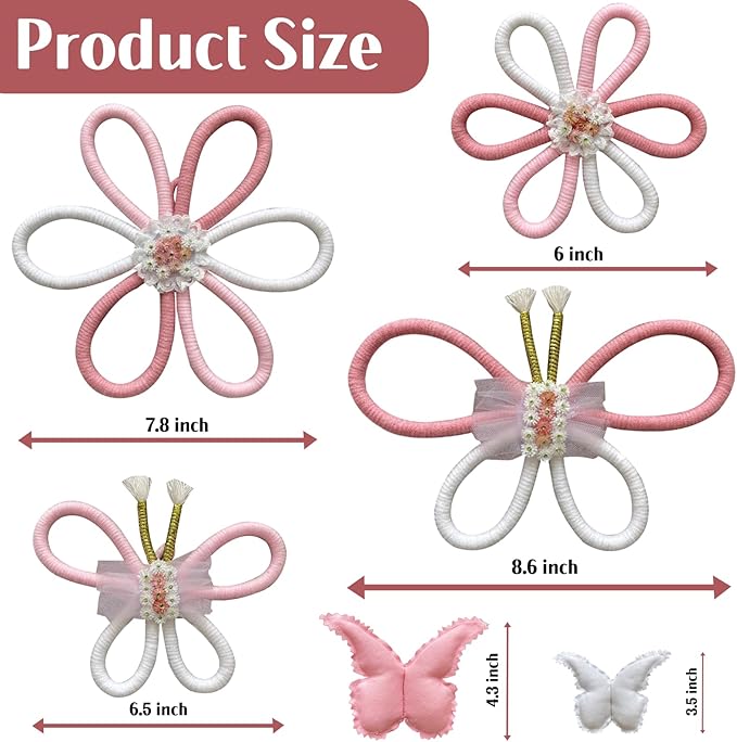 KUNHEHO Butterfly Wall Decor Set of 6 Daisy Flower Boho Nursery Wall Décor Bohemian Macrame Woven Rattan Wall Hanging Room Decor for Teen Girls