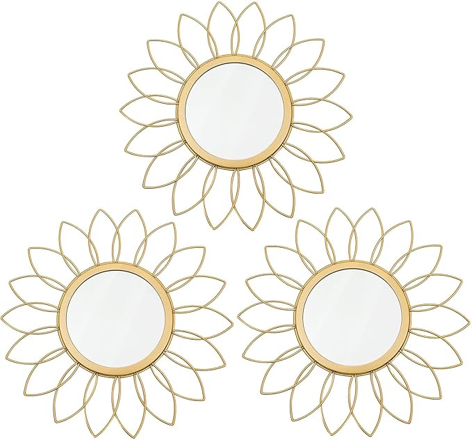 3 Pack Metal Mirrors for Wall Sunburst Wall Mirrors Home Décor Decorative Hanging Wall Art for Living Room Bedroom Entryway (Gold, Flowers)