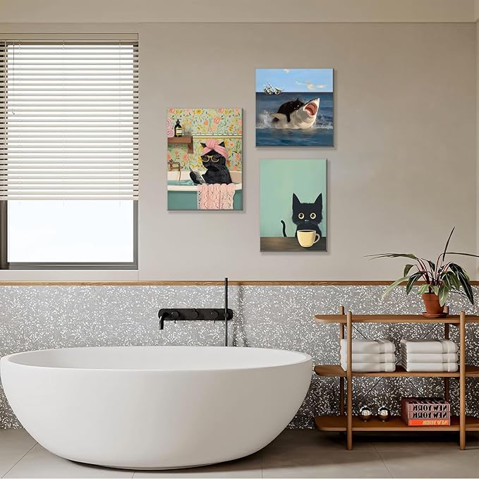 Yaneiro Funny Black Cat Bathroom Canvas Bathroom Wall Art Framed Cute Cat Prints Pictures Posters Wall Decor for Living Room Bedroom Toilet Kids Room Wall Paintings 16x24 in