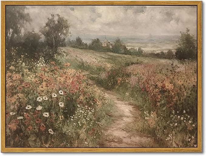 KBKBART Framed Canvas Wall Art for Living Room, Vintage Countryside Wildflower Field Painting Farmhouse Decor, Retro Nature Wilderness Canvas Art Prints for Wall Decor, Rustic Landscape Wall Decor for Bathroom, Bedroom Living Room(16"x24")