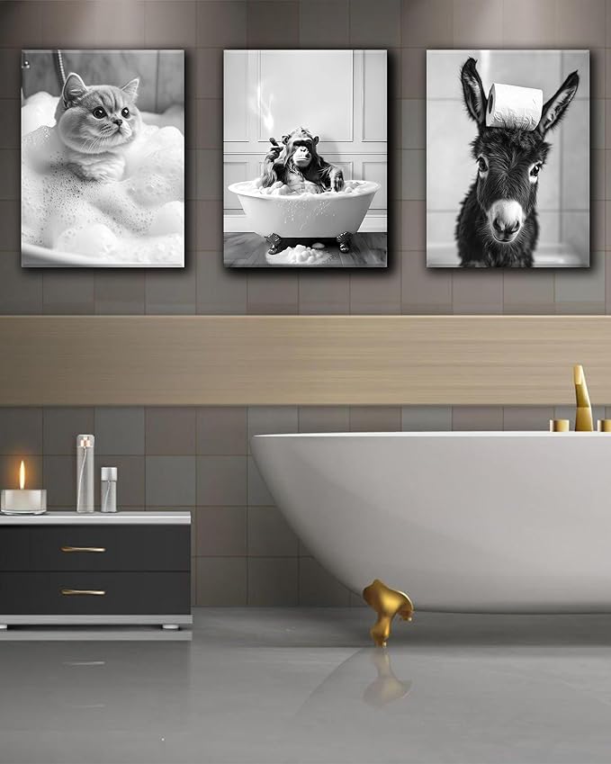 KensTro Funny Bathroom Wall Art Decor,12" x 16" Framed Canvas Bathroom Wall Art Picture,Black and White Chimpanzee in Bathtub Bathing Wall Art Animal Abstract Prints,Wall Decor for Bedroom,1Pack Gift