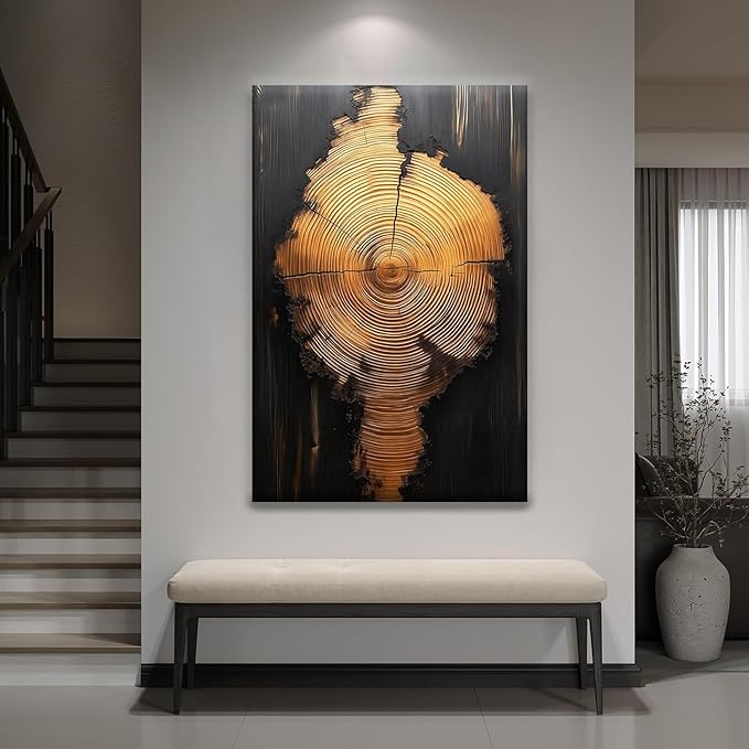 IBHJSART Framed Tree Ring Canvas Wall Art Black And Gold Wall Art Prints Modern Minimalist Pictures Neutral Nature Rustic Farmhouse Decor Living Room Bedroom Bathroom Office.
