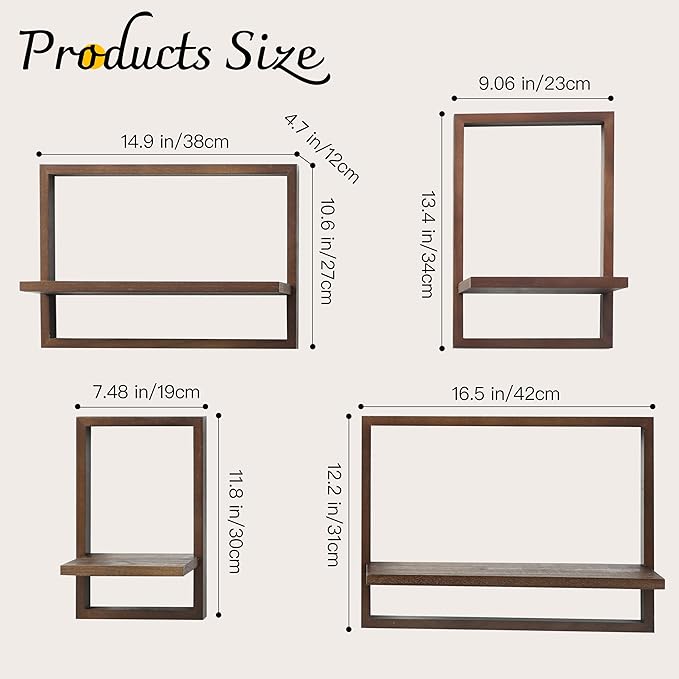 PHOENANCEE Square Floating Shelves,Framed Wall Shelf Decorative Set of 4,Modern Plants Hanging Display Art Decor Storage for Livingroom Bedroom Bathroom Farmhouse,Home Light Wood,Rustic Walnut
