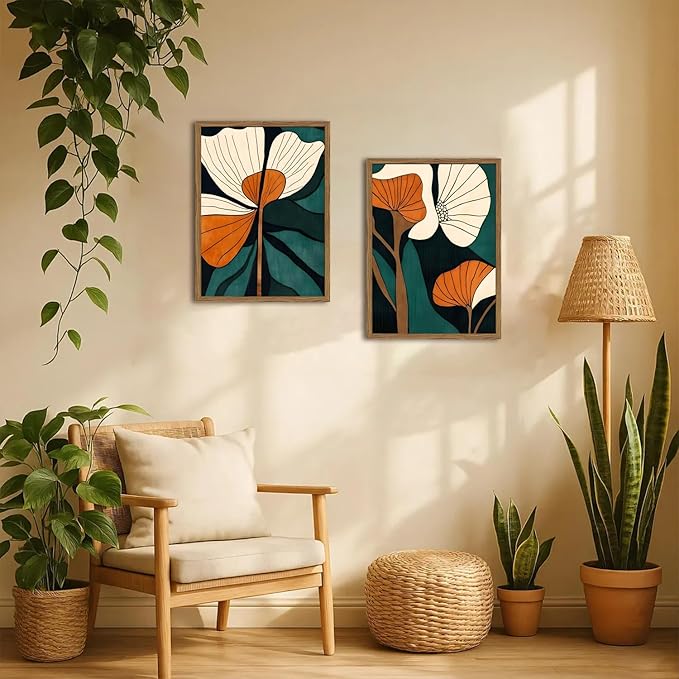 Mid Century Modern Flower Wall Art Vintage Abstract Botanical Wall Decor Painting Set of 2 Mid Century Boho Dark Floral Poster Canvas Print Pictures for Living Room Bedroom 16x24 inch Wood Framed