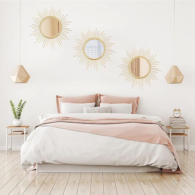 Cityelf 3 Set Gold Sunburst Mirrors for Wall Decorative Metal Mirrors Small Mirror Sets Decor Hanging Mirror Wall Sculpture for Bedroom Living Room Entryway