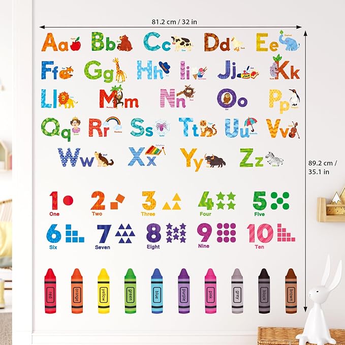 DECOWALL DS-8044 Animal Alphabet Numbers Colour Decals Stickers Kids Peel and Stick Removable for Room décor Letters ABC Classroom playroom Decorations Educational Bedroom Nursery