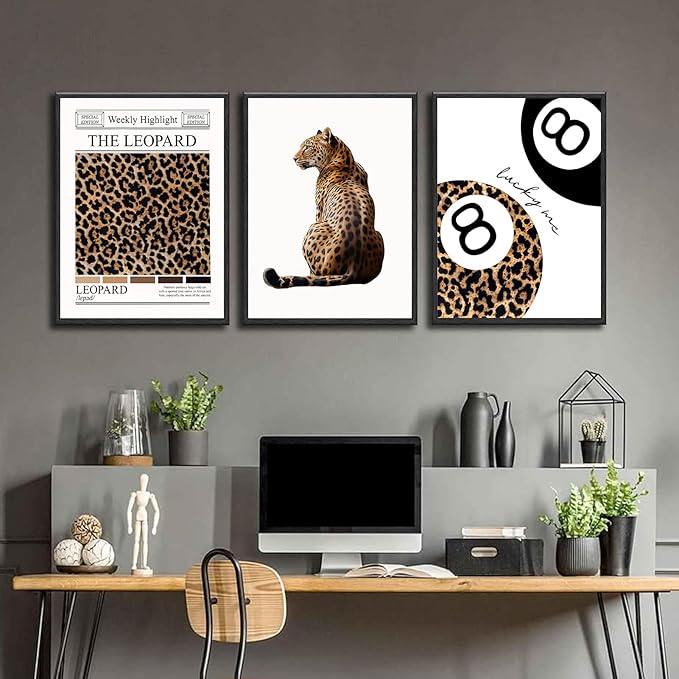 Trendy Leopard Wall Art Set of 3 Funky Lucky 8 Ball Posters Prints Preppy Room Aesthetic Cheetah Wall Decor Pictures for Girls Bedroom Apartment Dorm Unframed 16x24in