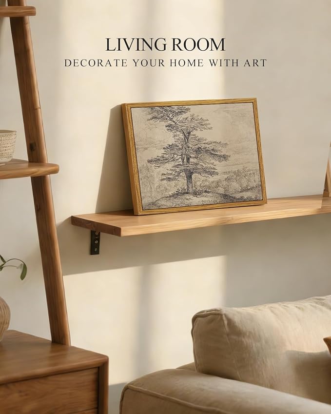 InSimSea Framed Canvas Print Art, Vintage Tree Sketch Landscape Painting, Rustic Farmhouse Cottage Decor for Hallway Wall Floating Shelf Desk Vanity Fireplace,10x8 in, Neutral Tones