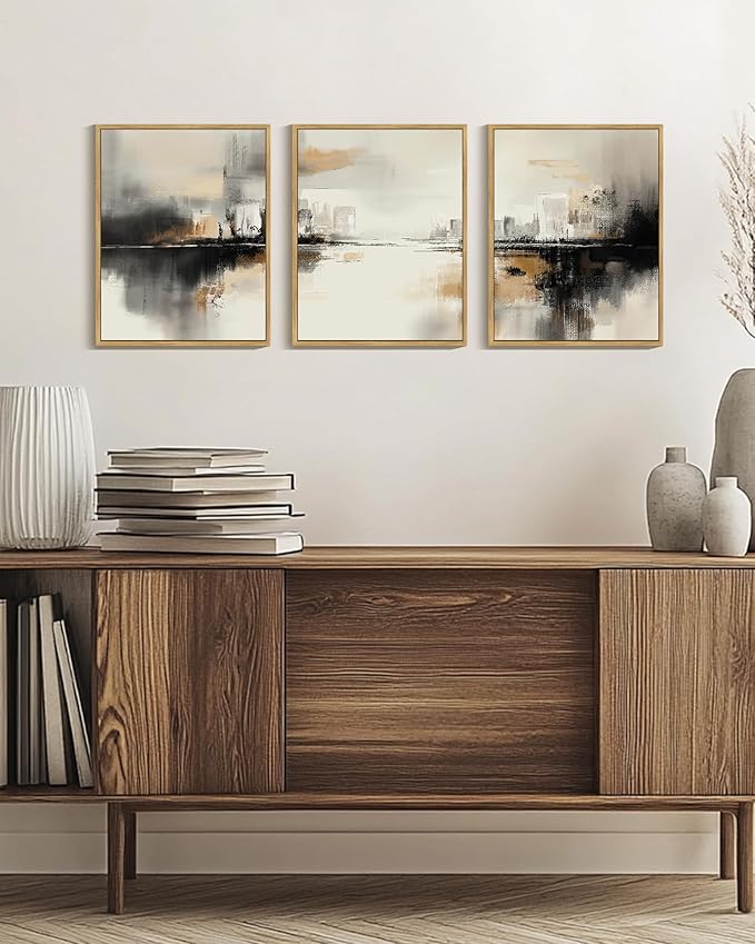 Drsoum Vintage Black Gray Abstract Wall Art Framed Brown Tan Neutral Prints Minimalist Modern Rustic Artwork Bedroom Living Room Ready to Hang 11x14in Natural Framed