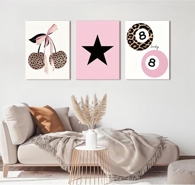 Trendy Pink Leopard Bow Canvas Wall Art Set of 3 Funky Cherry Lucky 8 Ball Posters Prints Wall Decor Cute Coquette Preppy Aesthetic Pictures for Girls Bedroom Dorm Apartment 12x16 In Framed