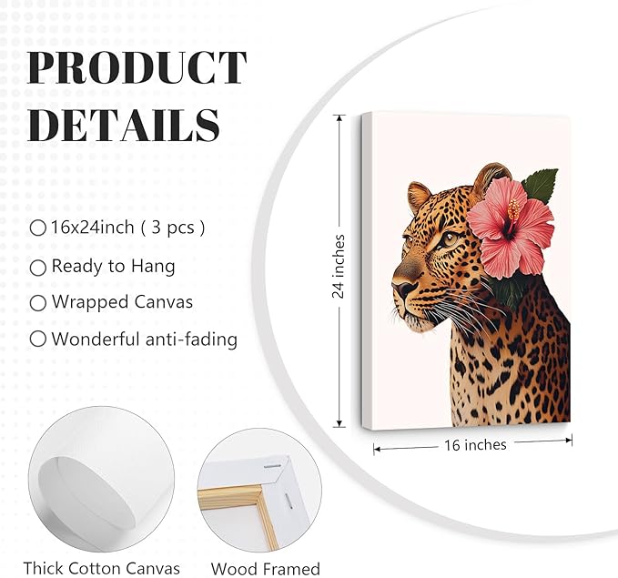 Trendy Leopard Wall Art Pink Cheetah Print Room Decor Leopard Flower Canvas Wall Decor Cheetah Aesthetic Poster Girly Pink Preppy Picture Funky Y2k Artwork for Girl Bedroom 16x24x3 Inch Wrapped Canvas