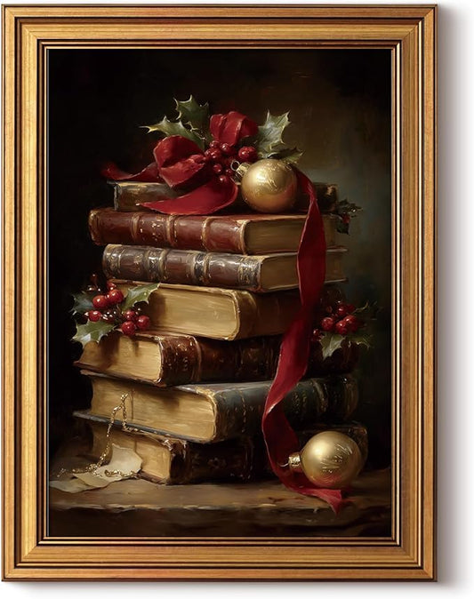 InSimSea Gold Framed Christmas Wall Art, Vintage Canvas Prints Decor, Retro Book Paintings Wall Shelf Decor, Rustic Pictures for Winter Xmas Study Bedroom Holiday Decoration Gifts, 12x16inch