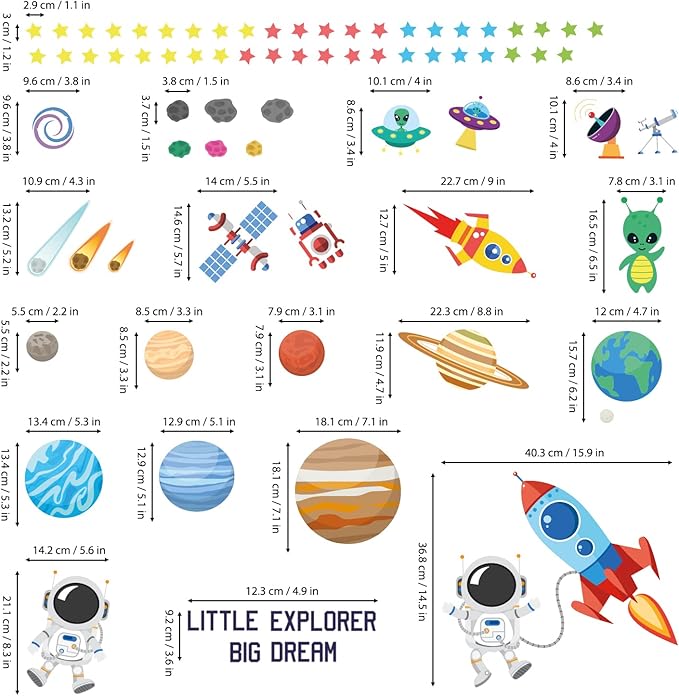 DECOWALL DS9-8058 Outer Space Wall Decals Stickers Kids Bedroom Room décor Nursery Boys Galaxy Stars Astronaut Planets Solar System Dark Removable Decoration Living Spaceship Window Art Mural Peel